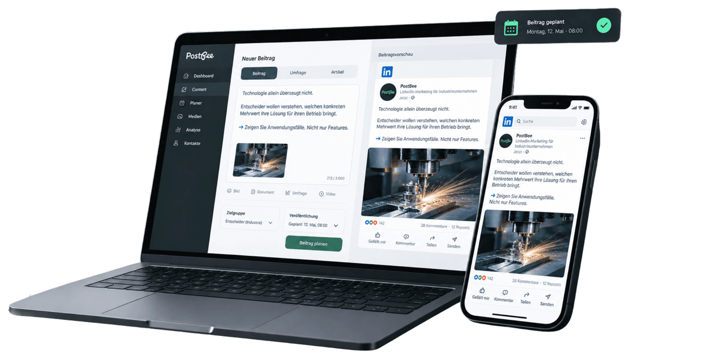 PostBee-Software: ein LinkedIn-Beitrag im Editor am Laptop und derselbe Beitrag fertig im LinkedIn-Feed auf dem Smartphone